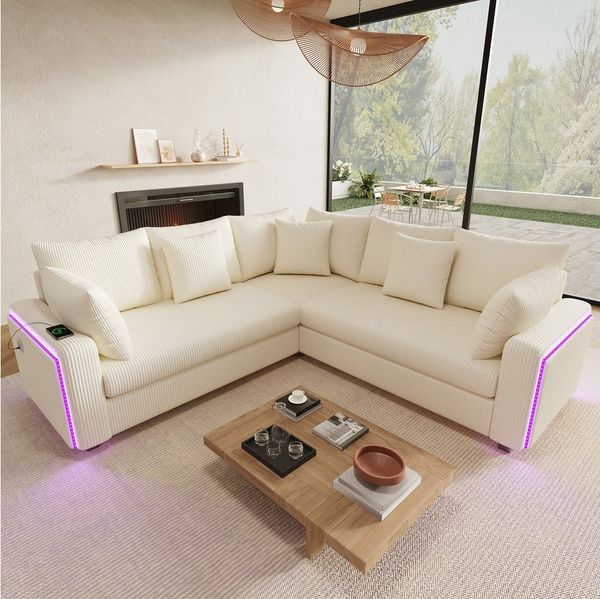 Odikalo Ecksofa Eckcouch mit Schlaffunktion LED & USB, mit LED‑Ambiente­beleuchtung, USB‑Ladeanschluss und weichem Cordstoff, inklusive passenden Kissen – modernes Sofa für Wohnzimmer, Schlafzimmer und Wohnungen