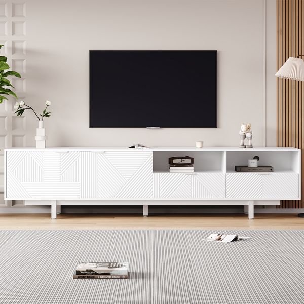 TV-Schrank 200 x 40 x 51 cm aus Spanplatte mit geometrischem Linienmuster, 2 Türen, Kabeldurchführung