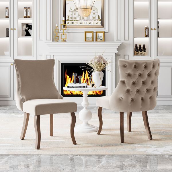 Eleganter Polsterstuhl aus Samt mit Knopfsteppung und geschwungenen Massivholzbeinen,weicher Polsterung, Beige