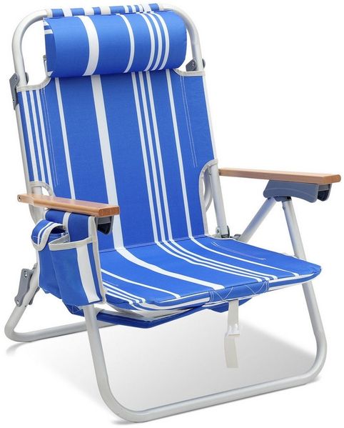 Sekey Campingstuhl Alu Strandstuhl Faltbar Liege Klappstuhl mit verstellbare Rückenlehne, Mit Holz-Armlehnen, 2 Kühltaschen, Getränkehalter und Schultergurt