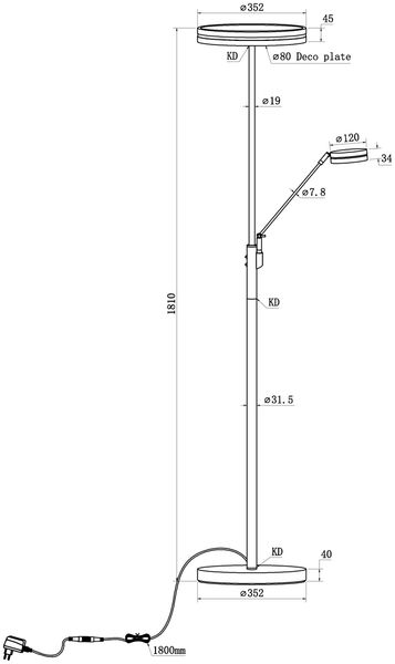 Großer LED Deckenfluter FRANKLIN mit Lesearm, Höhe 181cm, Anthrazit Bild 10