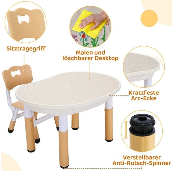 TLGREEN Kindertisch Kindersitzgruppe Höhenverstellbar, Maltisch Kinder Tisch Stuhl Set (Kindertisch und Stuhlset für Essen Spielen), Maltisch für Klassenzimmer Kindergärten