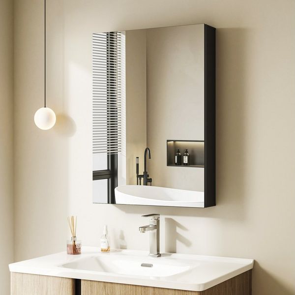 Hopibath Badezimmerspiegelschrank Alu Spiegelschrank Schwarz 2türig 80x60 cm 1 türig 50x70 40x60 cm (Rechteckig Eckig Wandschrank Badezimmer Badschrank, Doppelseitiger Spiegel) Verstellbare Glasboden, Softclose-Scharnieren