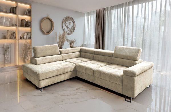 Goldstoff Ecksofa mit Schlaffunktion, Cord Couch für Wohnzimmer - Cord Ecksofa, Cord Sofa VOYAGE 2 Teile, Großer Bettkasten