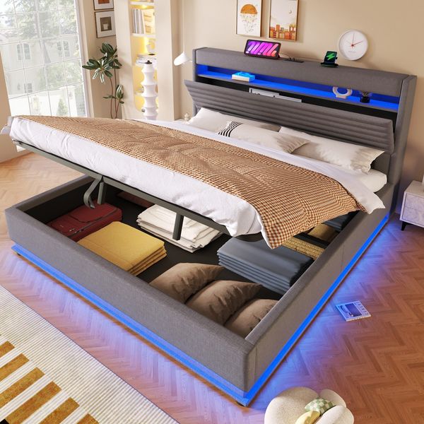 Polsterbett mit LED-Streifen, Stauraum, Schrank, USB und Type-C, 180x200 cm, gepolsterter Kopfteil mit Schrank, Einzelbett, Stauraumbett, Leinen