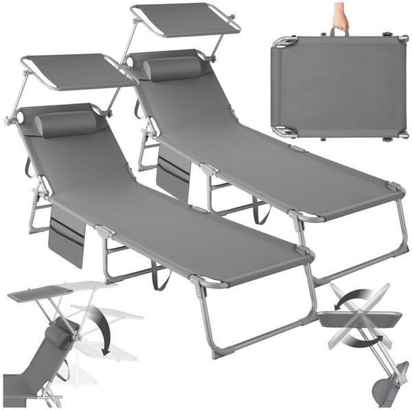 tectake® 2er Set Sonnenliege klappbar und tragbar, Liege mit Seitentasche, Strandliege, Gartenliege mit Dach, Liegestuhl mit Verstellbarer Rückenlehne, Kopfkissen - für Balkon, Terrasse (grau)