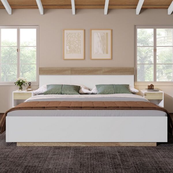 MODFU Holzbett zweifarbig Alpinweiß Eiche, Holzwerkstoff Massivholzlatten (205x184x90.5 cm,ohne-Matratze, einfache Montage), Komfortbett mit Kopfteil Wildeiche-Dekor