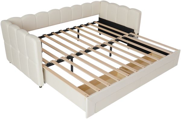 Merax Einzelbett, Polsterbett, 90x190 cm Daybett, Tagesbett, Sofabett, mit 2 Schubladen für Stauraum, Schlafsofa, Tagbett , ausziehbar auf 180 cm, mit USB-Anschluss, Leinen, Beige Bild 9