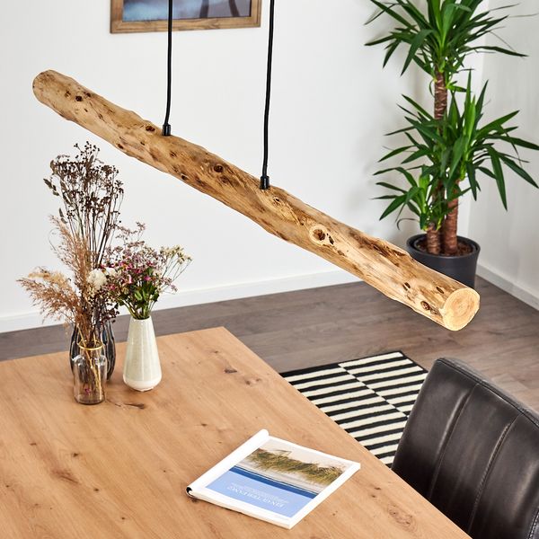 hofstein Pendelleuchte »Licata« dimmbare Hängelampe aus Metall/Holz in Schwarz/Natur, 3000 Kelvin, Holzbalken,1358 Lumen, dimmbar o. Zubehör über Lichtschalter