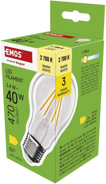 EMOS LED Lampe Edison A60, 3,4W Ersatz für 40W Glühbirne, Vintage-Glühlampe mit E27 Sockel und Helligkeit 470 lm, Warmweiß 2700 K, 25000 Stunden Lebensdauer, CRI > 80, 360° Abstrahlwinkel