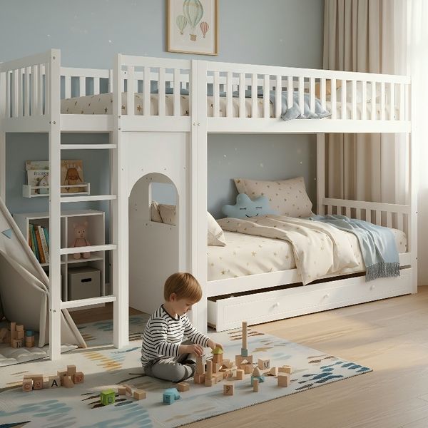 Novelux Etagenbett Kinder 90x200 mit gerader Leiter und Rundum-Geländer – Kiefer, MDF & Sperrholz in Weiß, Lattenrost, FSC-Holz, ohne Matratze, Kinderzimmer