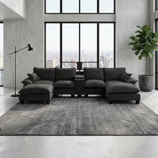 Sofa aus Chenille mit USB-Anschluss & Stauraum, schwarz