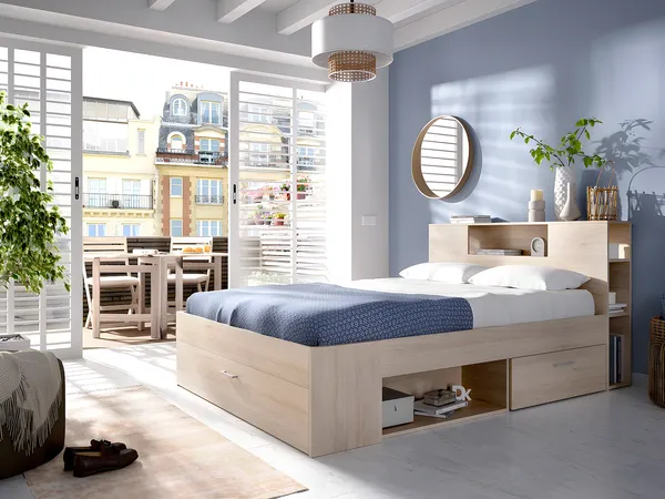 Vente-unique - LEANDRE Bett Holz, Platte Beige - B 169,5 cm x H 95 cm x L 228,5 cm
