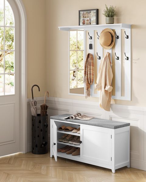 Schuhbank Wandgarderobe Set, Garderobe mit Spiegel, 10 Doppelhaken