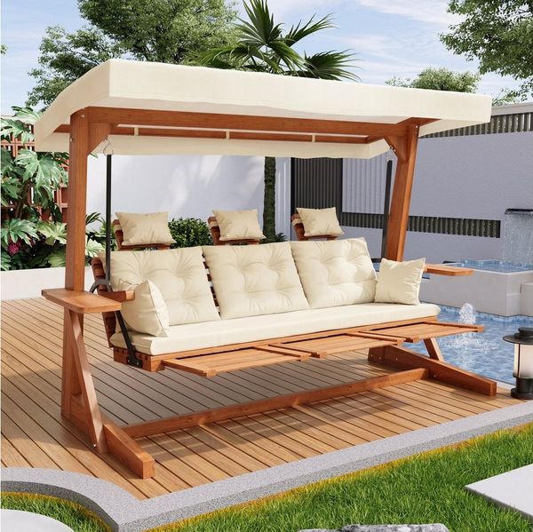 Flieks Hollywoodschaukel, 3-Sitzer Gartenschaukel 199x120x182.5cm mit Sonnendach und Ablagen