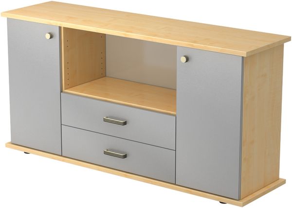 bümö Sideboard Ahorn/Silber/Silber mit Flügeltüren & Regal - Büromöbel Sideboard mit Schubladen Holz 166cm breit, 45cm schmal, Büro Schrank für Flur oder als Wohnzimmer-Kommode mit Streifengriff, SBTS-3-S-SG