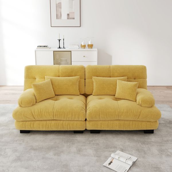 Ecksofa 81cm×220cm×77cm aus Chenille in Gelb – modulares Sofa mit weicher Polsterung und Kissen