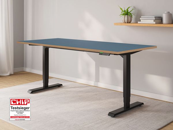 Ergotopia höhenverstellbarer Schreibtisch Desktopia Pro X mit Memory Funktion, Blau, 180 x 80 cm, Schwarz