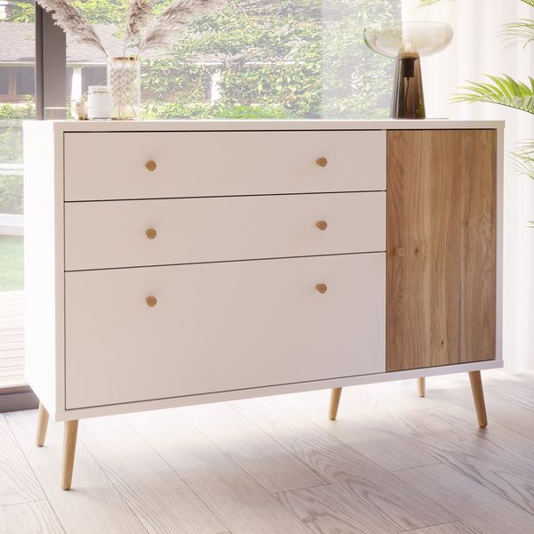 Forte HARLLSON Sideboard 120 130, EasyKlix by FORTE Kommode, 2 Schubladen 2 Türen, Skandinavischer Stil, Holzwerkstoff, Weiß / Mauvella Eiche Holzdekor, 125 cm breit x 86 cm hoch x 41 cm tief
