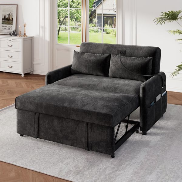 Ausziehbares Schlafsofa 2-Sitzer mit USB-Anschluss & verstellbarer Rückenlehne mit Kissen und Stauraumtaschen,multifunktionales,Grau