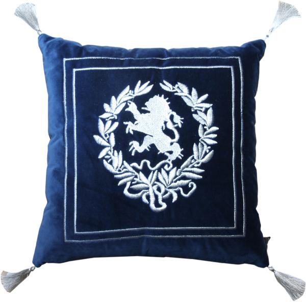 Casa Padrino Luxus Deko Kissen Wappen Dunkelblau / Silber mit Troddeln 45 x 45 cm - Feinster Samtstoff - Luxus Wohndeko