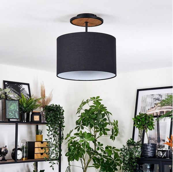 hofstein Deckenleuchte Deckenlampe aus Metall/Holz/Stoff in Schwarz/Natur/Weiß, ohne Leuchtmittel, runde Deckenleuchte im modernen Boho-Design (Schirm Ø 35 cm), E27