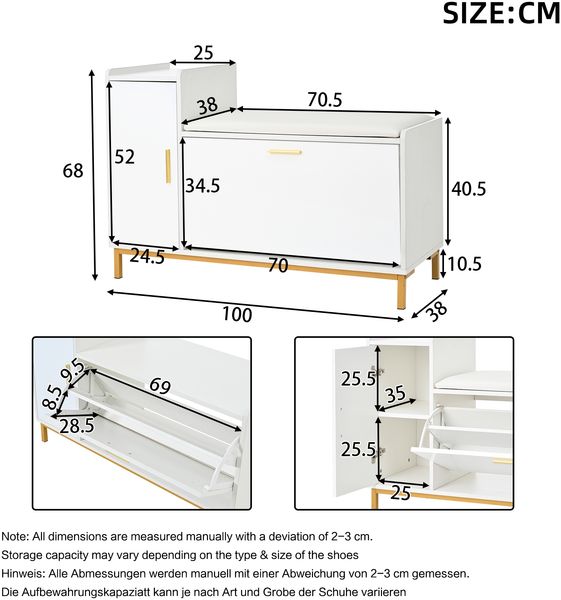 Schuhschrank mit Sitzbank 100 x 38 x 68 cm, Spanplatte & Metall, Hochglanz-Front in Weiß-Gold Bild 9
