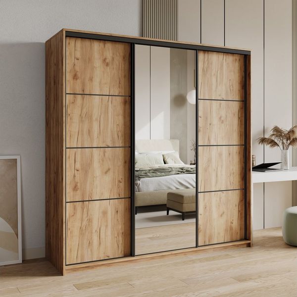 Masseno Schwebetürenschrank VARO Kleiderschrank mit Spiegel und Schubladen Schlafzimmerschrank