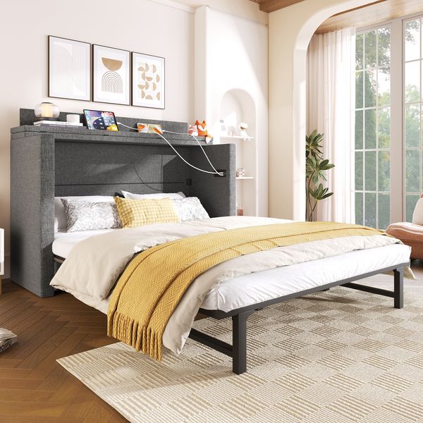 Schrankbett, Schublade, mobiles Ablagefach, USB- und Typ-C-Anschlüsse, umbaubares Plattformbett, ohne Matratze, Leinen, Grau, 140×200 cm
