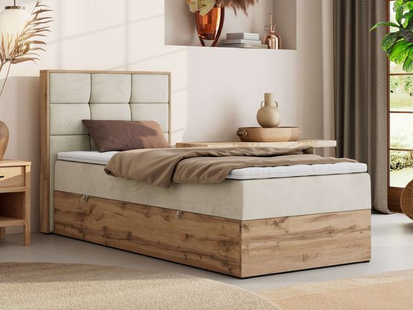 Boxspringbett ALBERO 1 90x200 mit Stauraum, 7-Zonen Multipocket Matratze H3, Bettkasten mit Federautomat, Öffnungsseite wählbar, Hotelbett - Beige Velvet - Topper T25 - Links