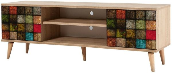 Dmora Fernsehschrank Enrica, Ständer für Wohnzimmerfernseher, Niedriges Wohnzimmer-Sideboard, TV-Ständerbasis, 140x40h50 cm, Eiche und Multicolor