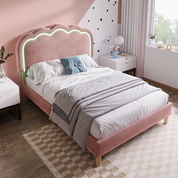 Polsterbett 90×190 cm aus Samt-Stoff mit LED-Beleuchtung, rosa
