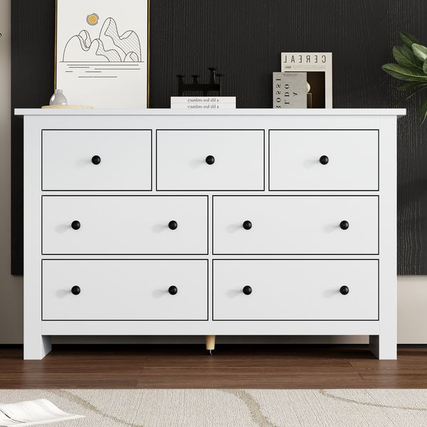 Esszimmerschrank, Moderner minimalistischer Buffet-Schrank mit großer Kapazität und 7 Schubladen, geeignet für Küche, Esszimmer, Wohnzimmer, MDF, Weiß