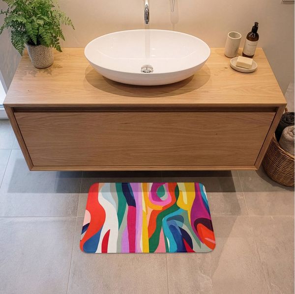 OnlyWow Badematte Abstrakt - Bunt - Wellen - Linien, Höhe 10 mm, Polyester, Rechteckig, Badezimmerteppich, Badteppich, Rutschfest, Badvorleger, Waschbar