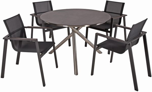 Garten-Sitzgruppe HECTOR 5-tlg. Edelstahl Kunststoff Schwarz | Gartenmöbel-Set Gartengarnitur Garten-Essgruppe mit Stapelstühlen und Esstisch