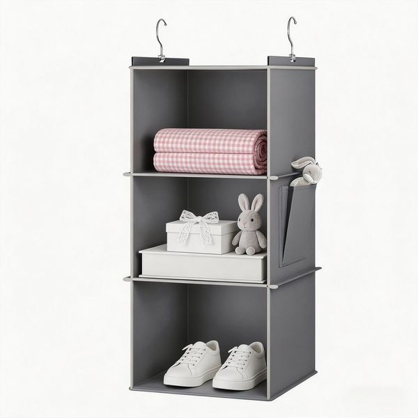 BlingBin Hängeaufbewahrung Hängeregal Schrankorganizer Stabiler Kleiderschrank Organizer (1er Set, 1 St, 3 Fächer – 30 x 30 x 60 cm), Hängeorganizer mit Metallhaken, Seitenfach und stabilen Böden, Grau
