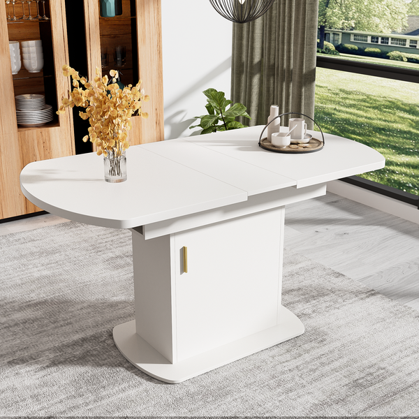 Ausziehbarer ovaler Esstisch, L110/130*W70*H75cm,Esstisch mit Stauraum, Kaffee-Freizeittisch, moderner minimalistischer Esstisch, platzsparender multifunktionaler Esstisch, weiß+goldener Griff