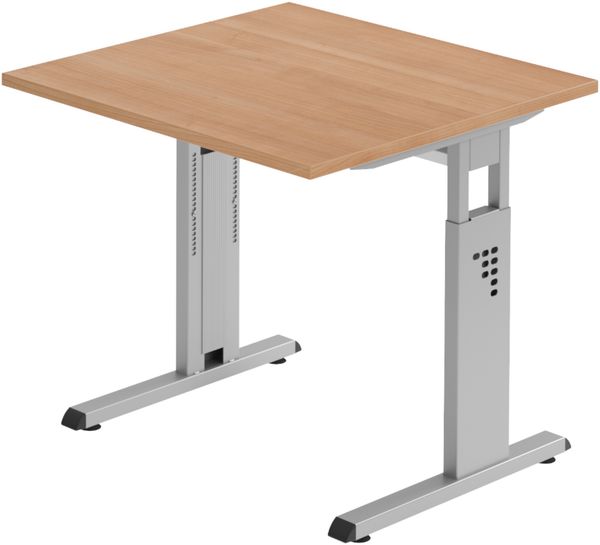 bümö höhenverstellbarer Schreibtisch O-Serie 80x80 cm in Nussbaum, Gestell in Silber - PC Tisch klein für's Büro manuell höhenverstellbar, Computertisch verstellbar, OS-08-N-S