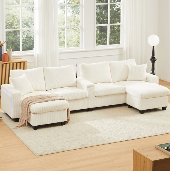 U-förmiges Sofa, Cord mit 2 Hockern, Ablage & USB-Anschluss, 334x128,5x81 cm, Beige