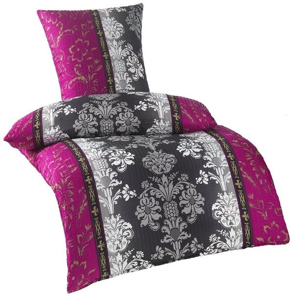 KH-Haushaltshandel Bettwäsche Seersucker Bettwäsche 135x200 +80x80cm, Ornamente, Seersucker, 2 teilig, rot grau weiß, bügelfrei