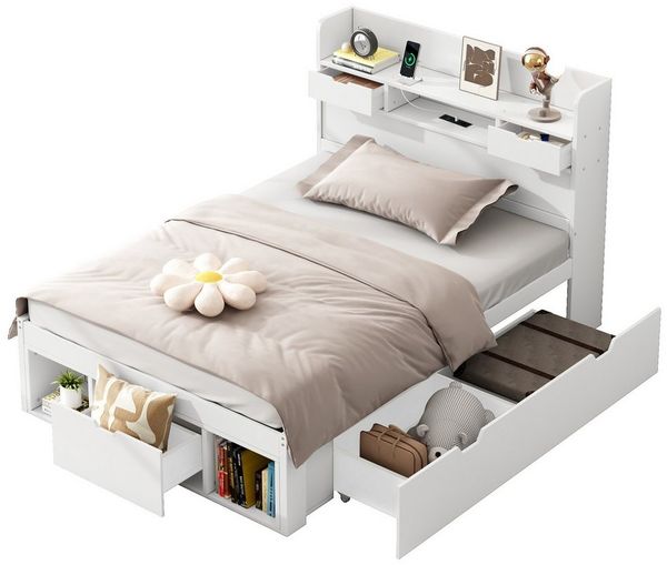 REDOM Polsterbett Massivholzbett, Kinderbett, Jugendbett, Multifunktionales Bett (2 Schubladen,2 Stauschrank), mit USB-port, Schubladen und Stauschrank, ohne Matratze