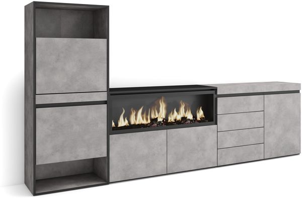 Skraut Home | Schuhregal, Schuhschrank | Schuhaufbewahrung | 274 x 145 x 35 cm | Für Schlafzimmer, Zimmer | Elektrokamin XXL | Kommode mit Schubladen | Moderner Stil | Zement