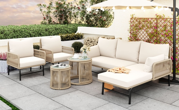 Merax Gartenlounge-Set, Gartenmöbel-Set, Gartenmöbel aus gewebtem Seil für den Außenbereich, Beige, (alle Kissen inklusive) Bild 3