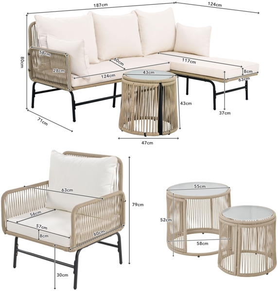Merax Gartenlounge-Set, Gartenmöbel-Set, Gartenmöbel aus gewebtem Seil für den Außenbereich, Beige, (alle Kissen inklusive) Bild 4