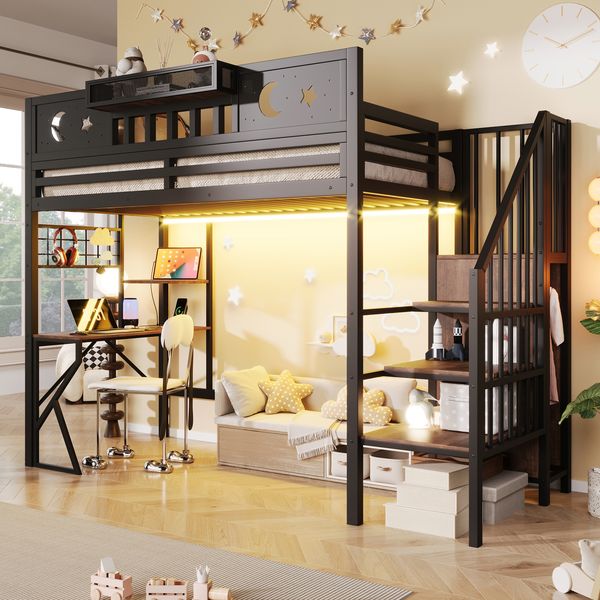 Merax Hochbett, 90 x 200 cm, Kinderbett, Eisenrahmen, Lochwand, mehreren Regalen, Schreibtisch, mit USB-Anschluss, icherheitsgeländer, mit LED-Lichtleiste, K-förmige Beine, schwarz