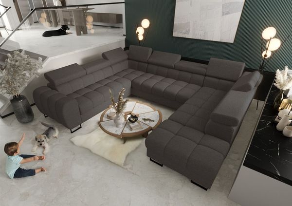 Wohnlandschaft Schlafsofa BASTIEN XL in Stoff Aragon Dunkelgrau Ottomane Rechts