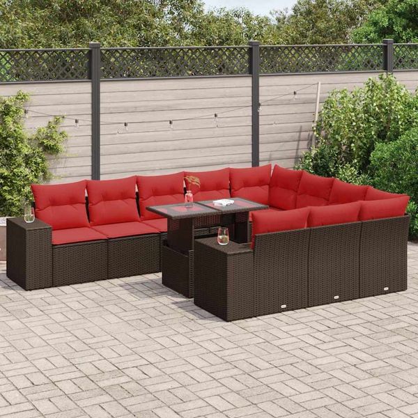 vidaXL 11-tlg. Garten-Sofagarnitur mit Kissen Braun Poly Rattan Akazie 3326875