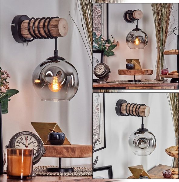 hofstein Wandleuchte Wandlampe aus Holz/Metall/Glas in Natur/Schwarz/Chrom/Klar/Rauch, ohne Leuchtmittel, Glasschirm u. An/-Auschalter am Gehäuse, 1x E27, ohne Leuchtmittel