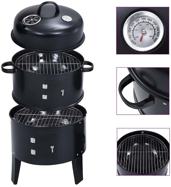 vidaXL 3-in-1 Holzkohlegrill mit Räucherofen, Stahl Schwarz, 40×80 cm
