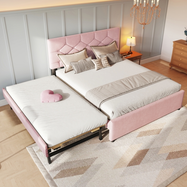 Merax Polsterbett 140x200cm mit Ausziehbett, Doppelbett Jugendbett Kinderbett mit Lattenrost, Holzbett Funktionsbett Tagesbett, Samt, Rosa